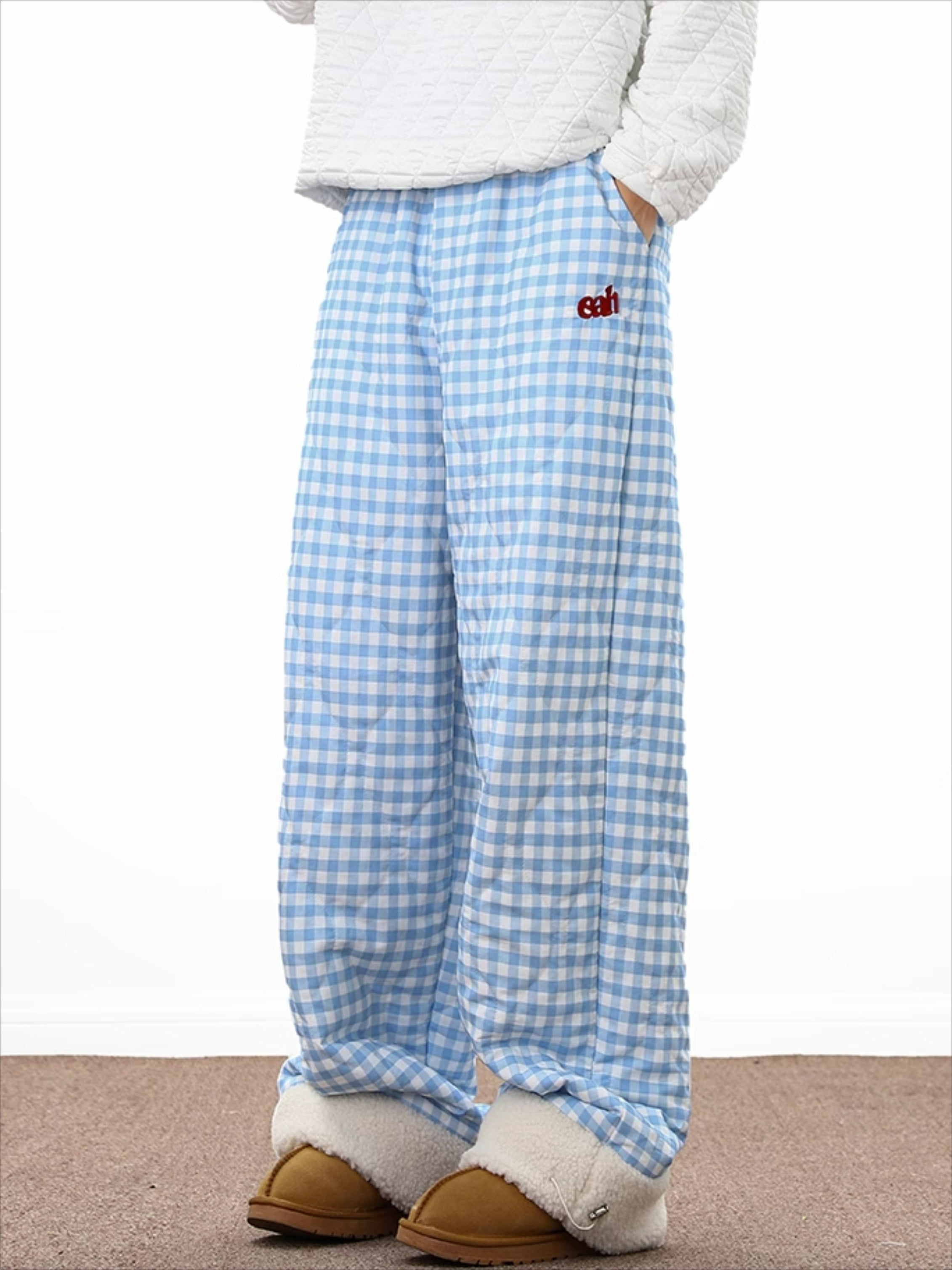 Lamb Wool Splicing Plaid Cotton Pants