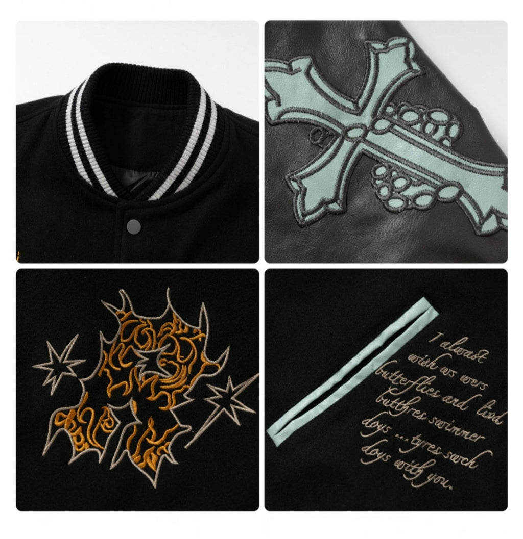 Embroidered PU Leather Baseball Jacket