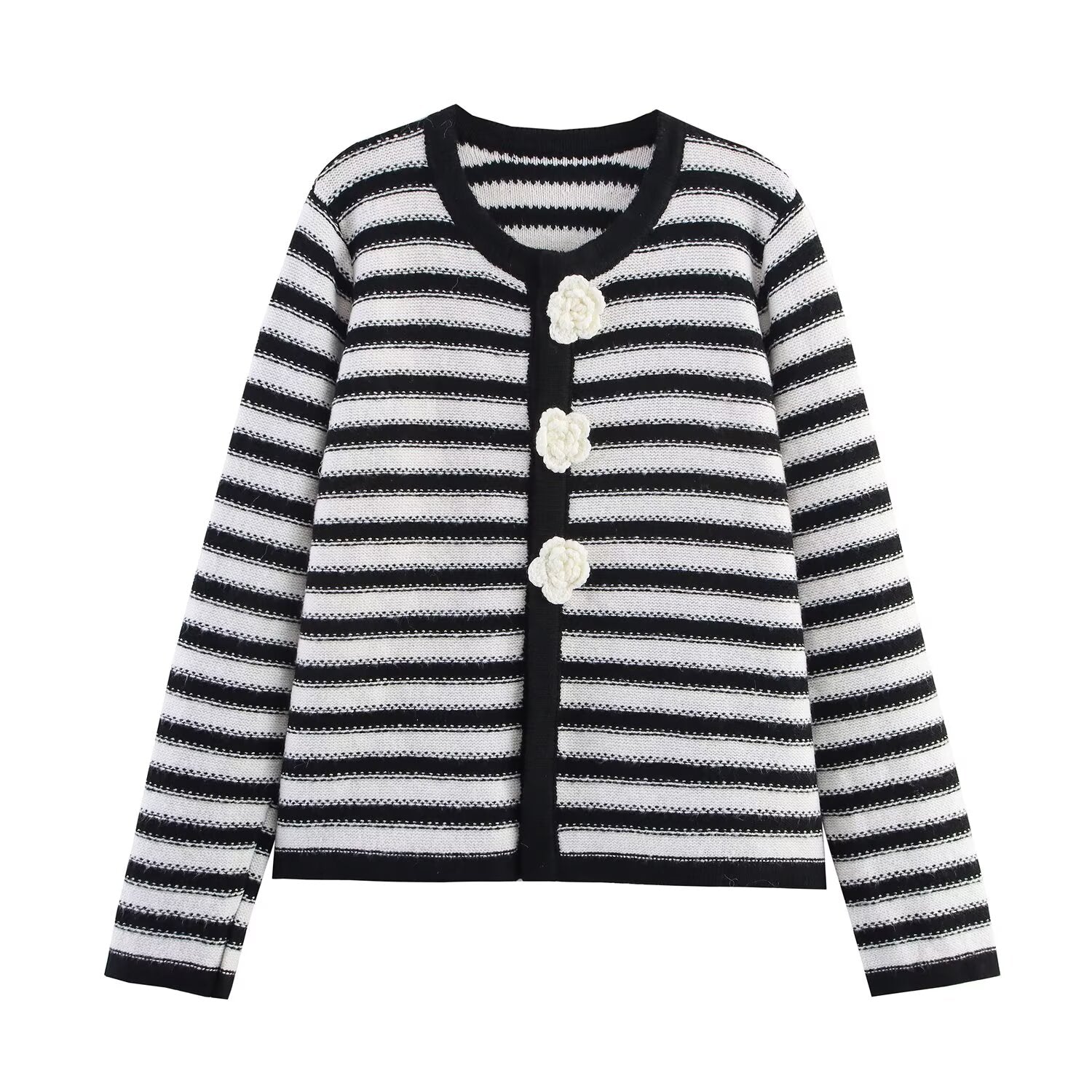Classic Camellia Floral Fastener Decoration Striped Cardigan Coat