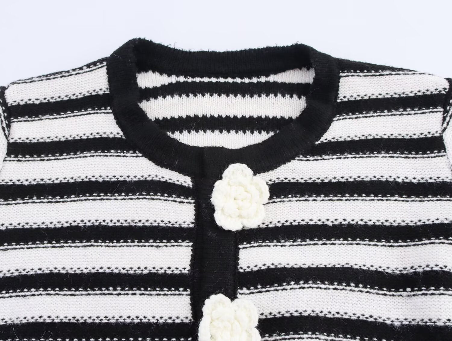 Classic Camellia Floral Fastener Decoration Striped Cardigan Coat