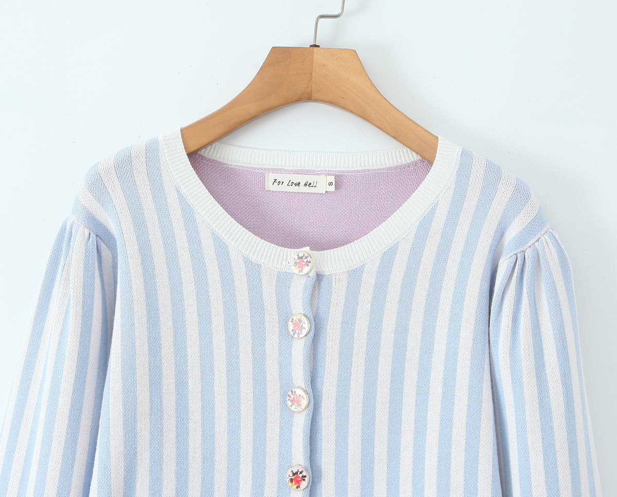 Casual Striped Floral Pocket Long Sleeve Sweater