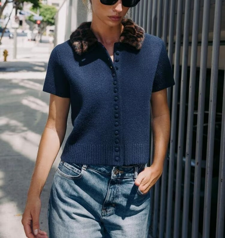 Animal Print Neckline Knitted Coat