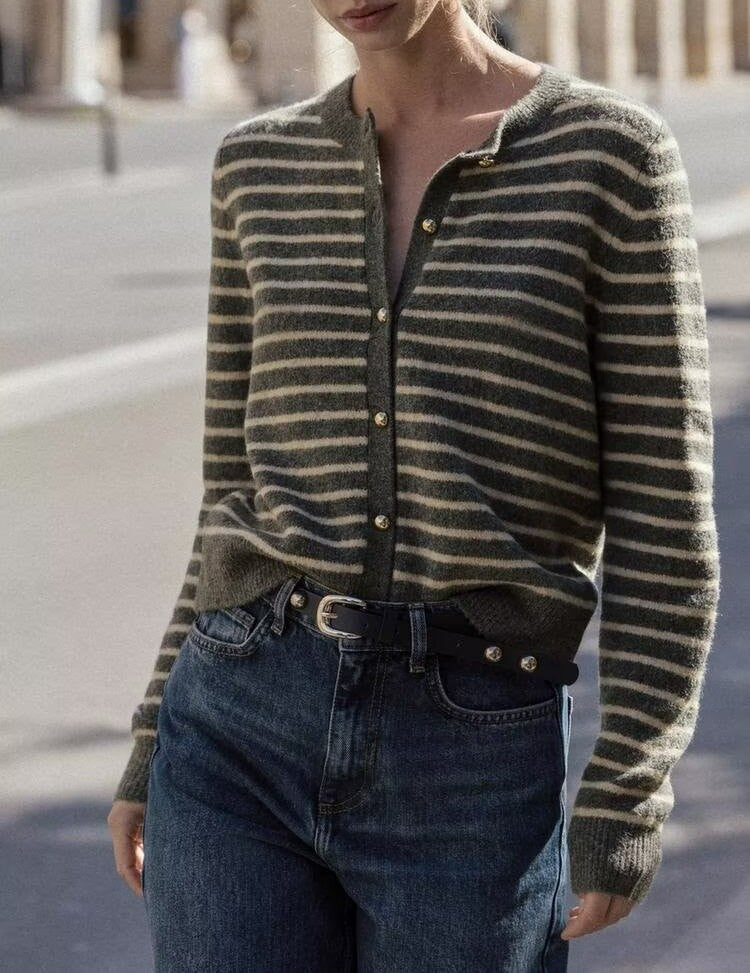 Autumn Striped Round Neck Slim Fit Knitted Cardigan Coat