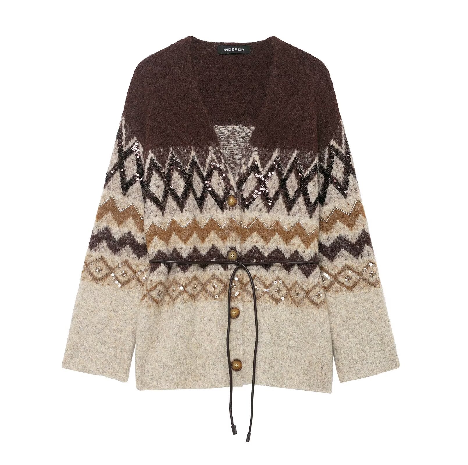 Autumn Jacquard Belt Knitted Coat