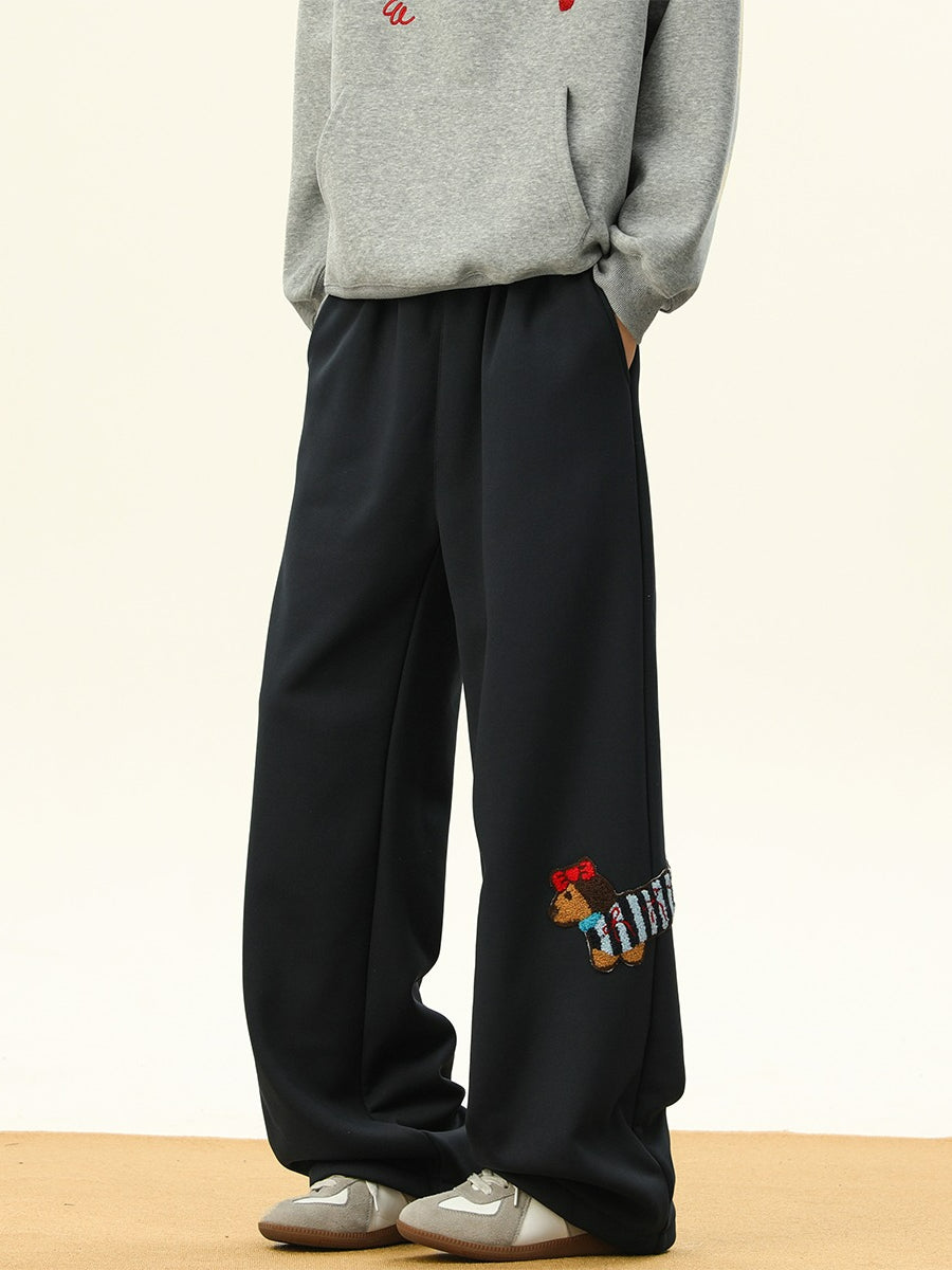 Dachshund Puppy Embroidered Fleece Sweatpants Wide Leg Casual Pants