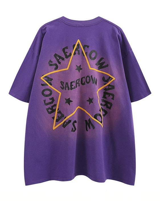 Hiphop Vintage Star Print Loose Short Sleeve T-Shirt