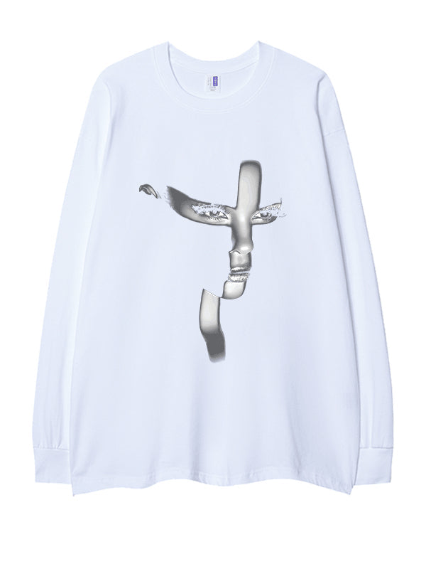 Face Print Cotton Long Sleeve Oversize Top