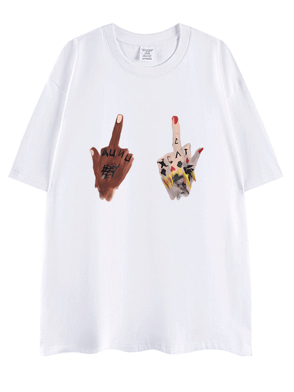 Gesture Print Cotton Short-sleeved Oversize Top