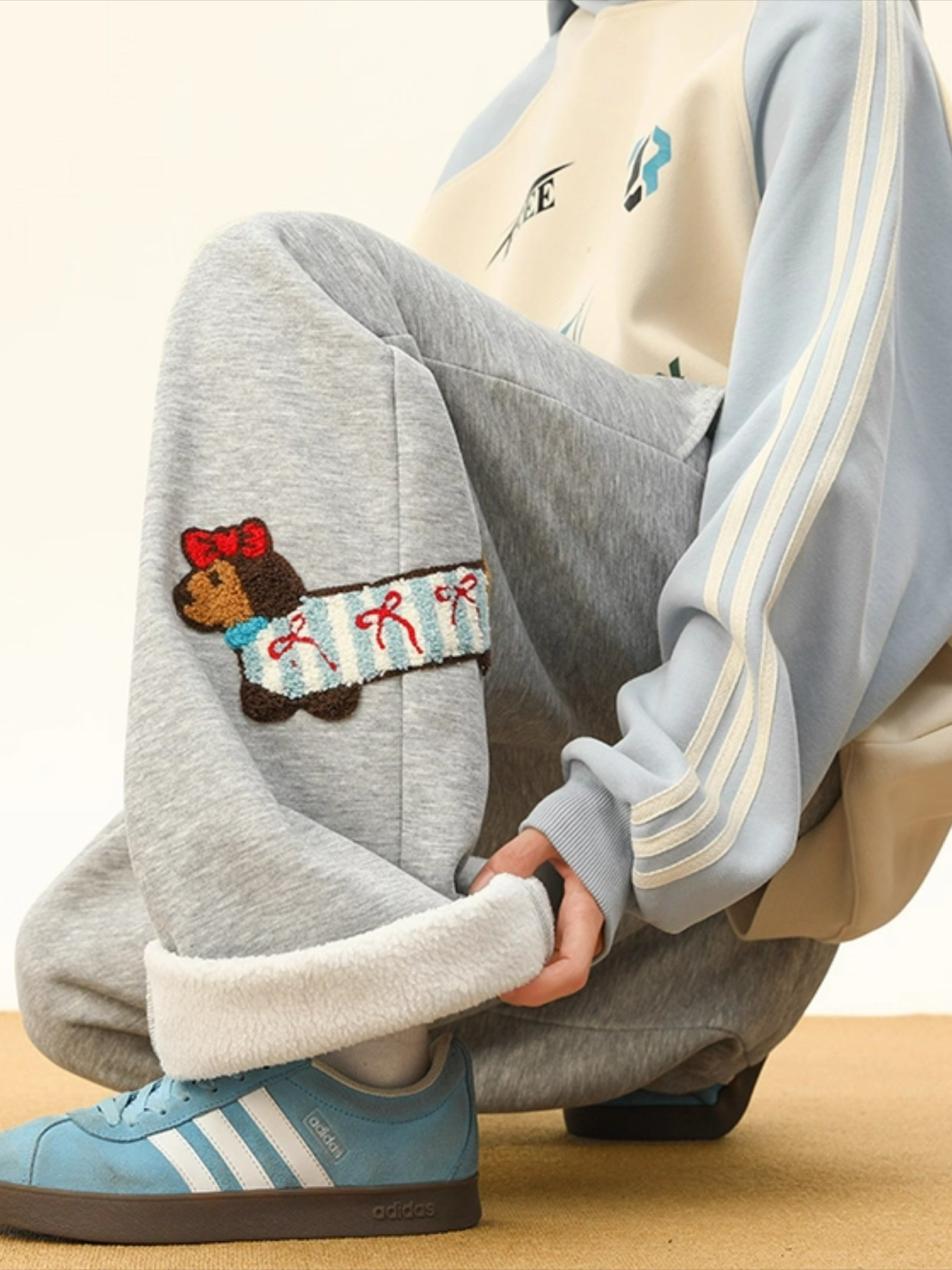 Dachshund Puppy Embroidered Fleece Sweatpants Wide Leg Casual Pants