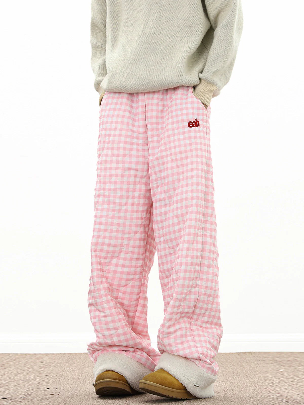 Lamb Wool Splicing Plaid Cotton Pants