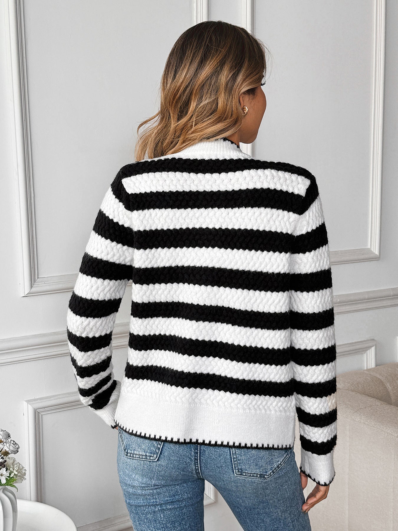 Black White Striped Long Sleeve Knitted Cardigan