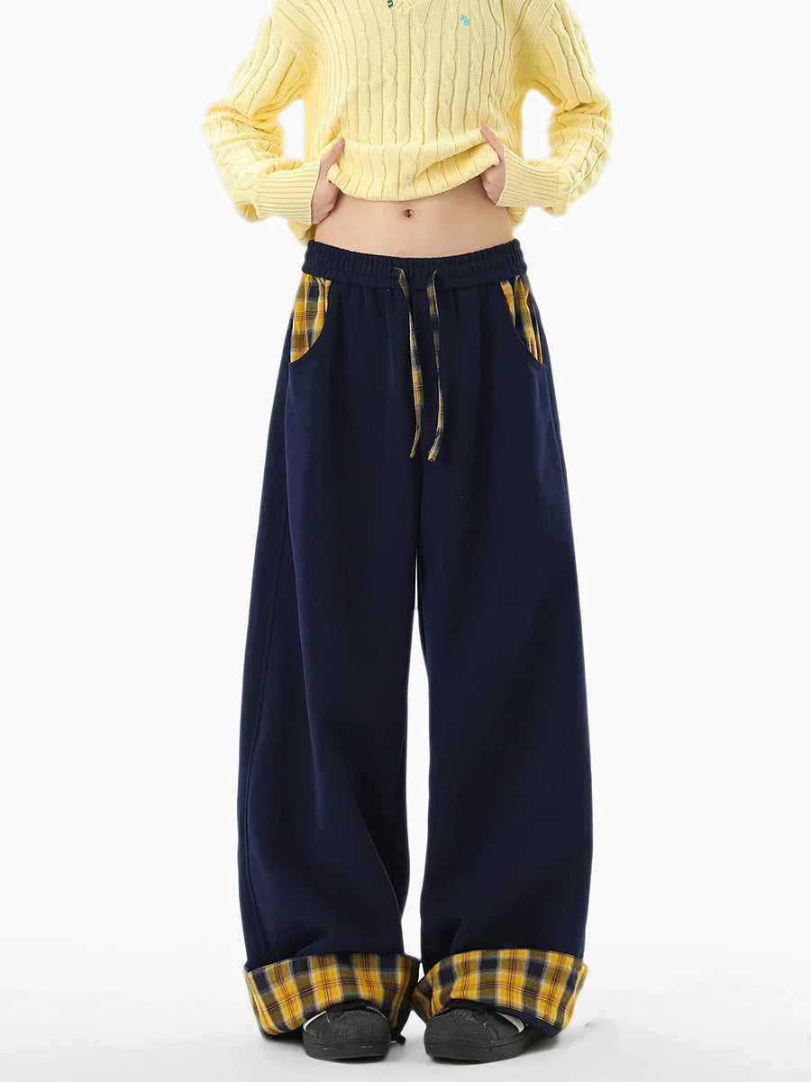 Retro Contrasting Color Plaid Splicing Sweatpants