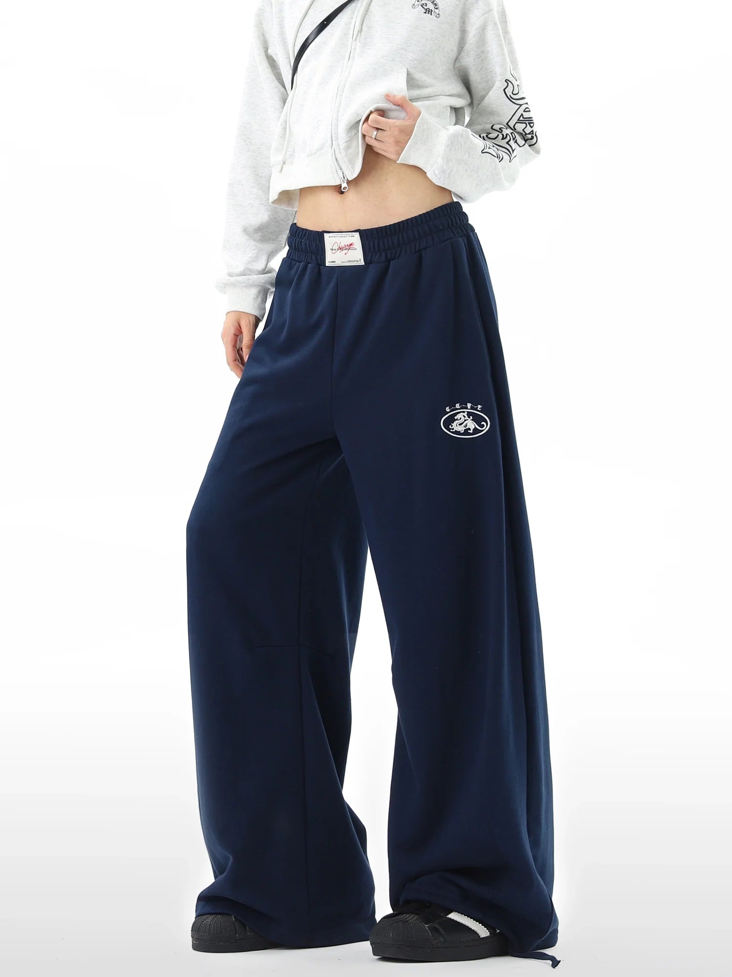 Letter Embroidered Scimitar Sweatpants Elastic Waist Wide-leg Pants