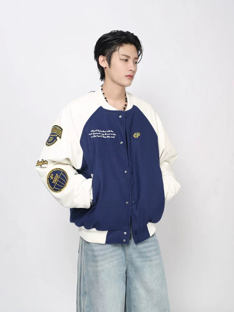 Vintage Embroidered Baseball Jersey PU Sleeve Jacket