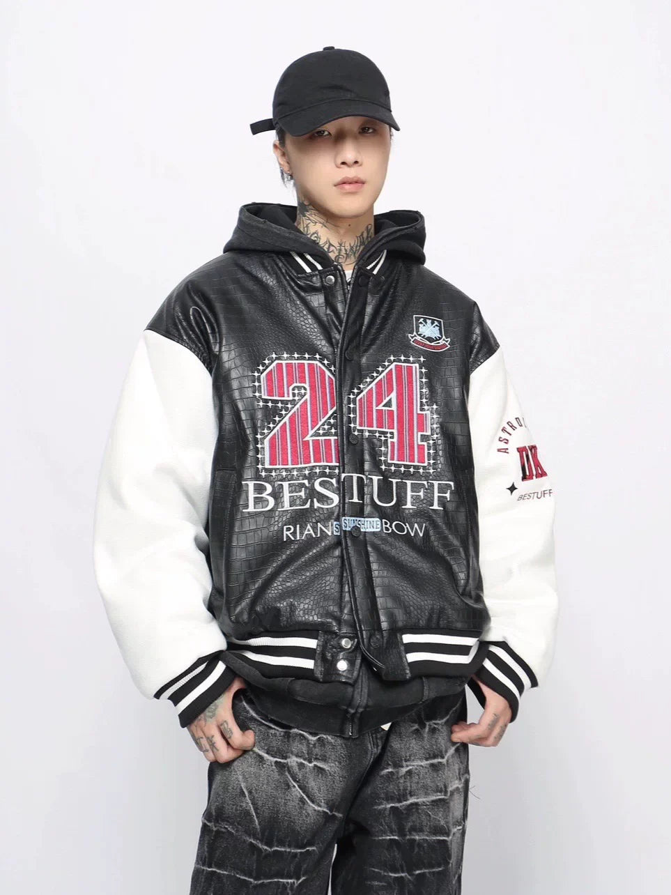 Crocodile Pattern PU Splicing Baseball Jacket