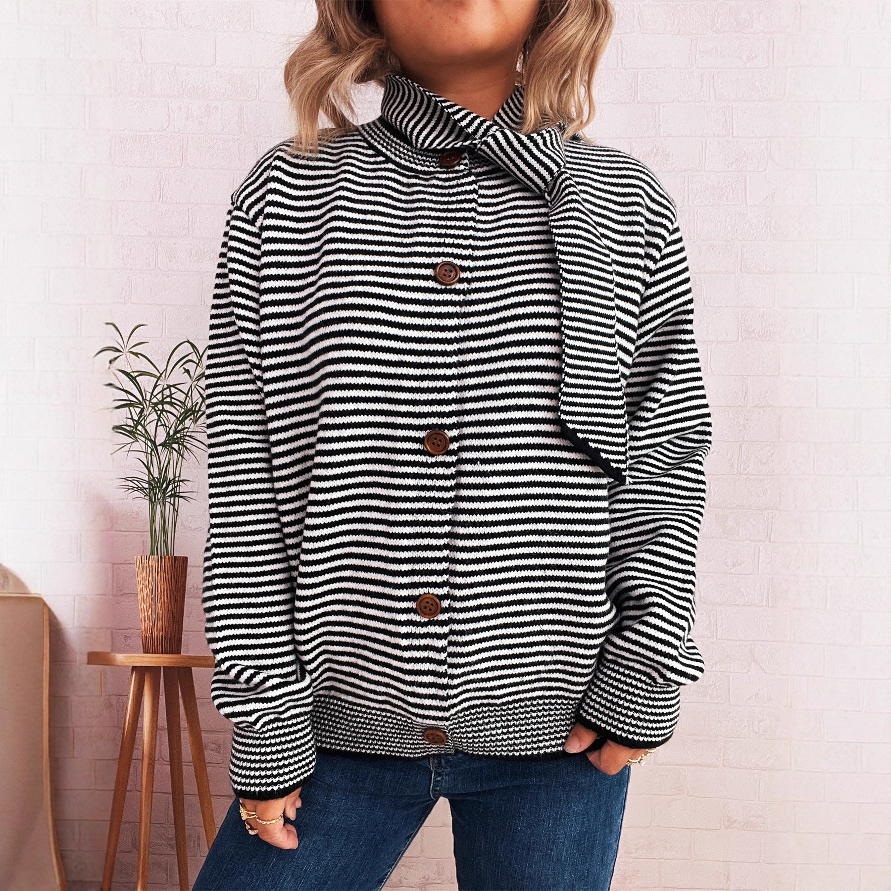 Elegant Stripe Knitted Cardigan Two Piece Sweater