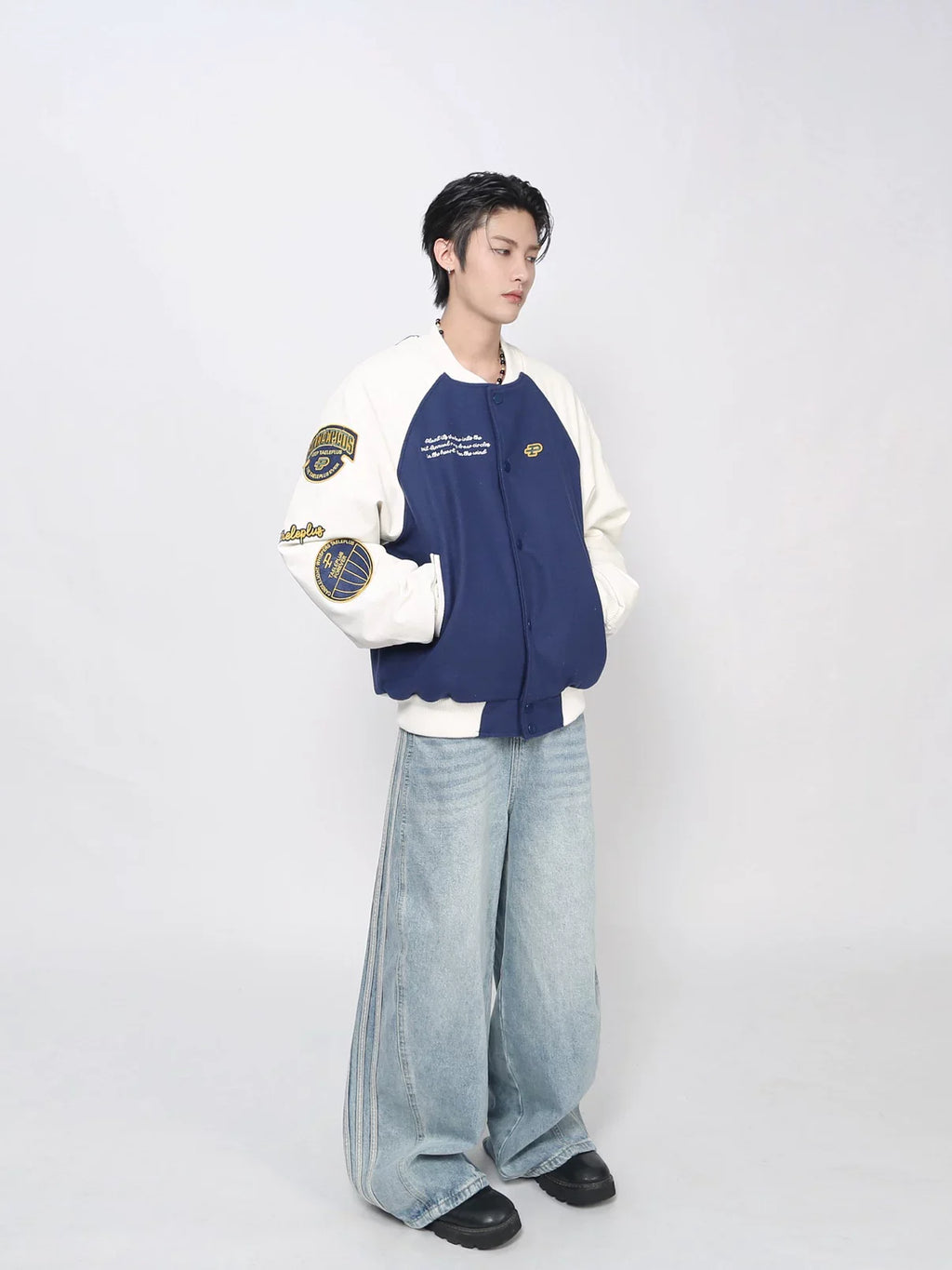 Vintage Embroidered Baseball Jersey PU Sleeve Jacket