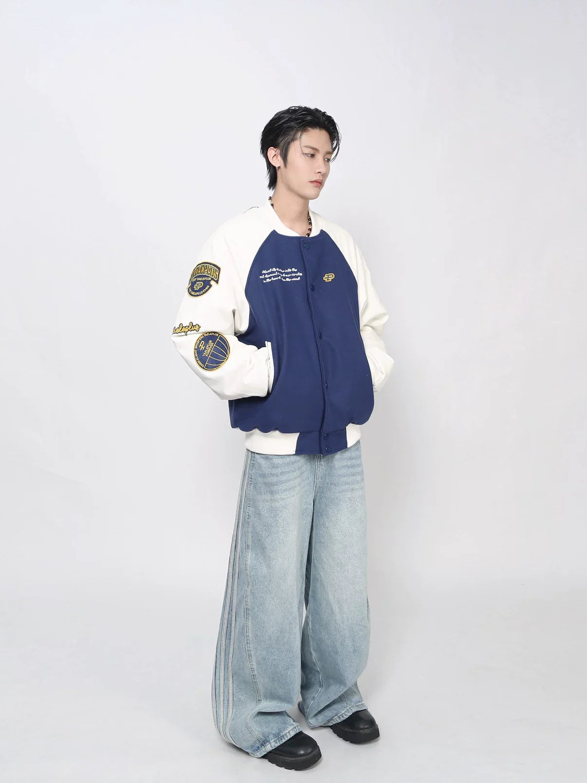 Vintage Embroidered Baseball Jersey PU Sleeve Jacket