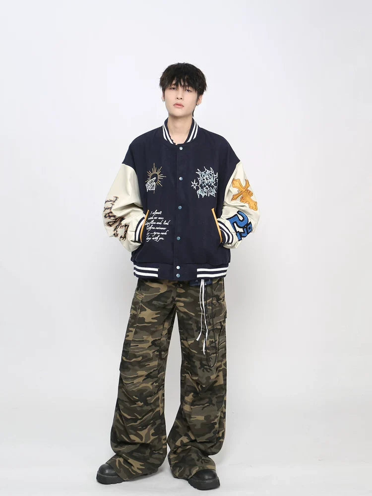 Embroidered PU Leather Baseball Jacket