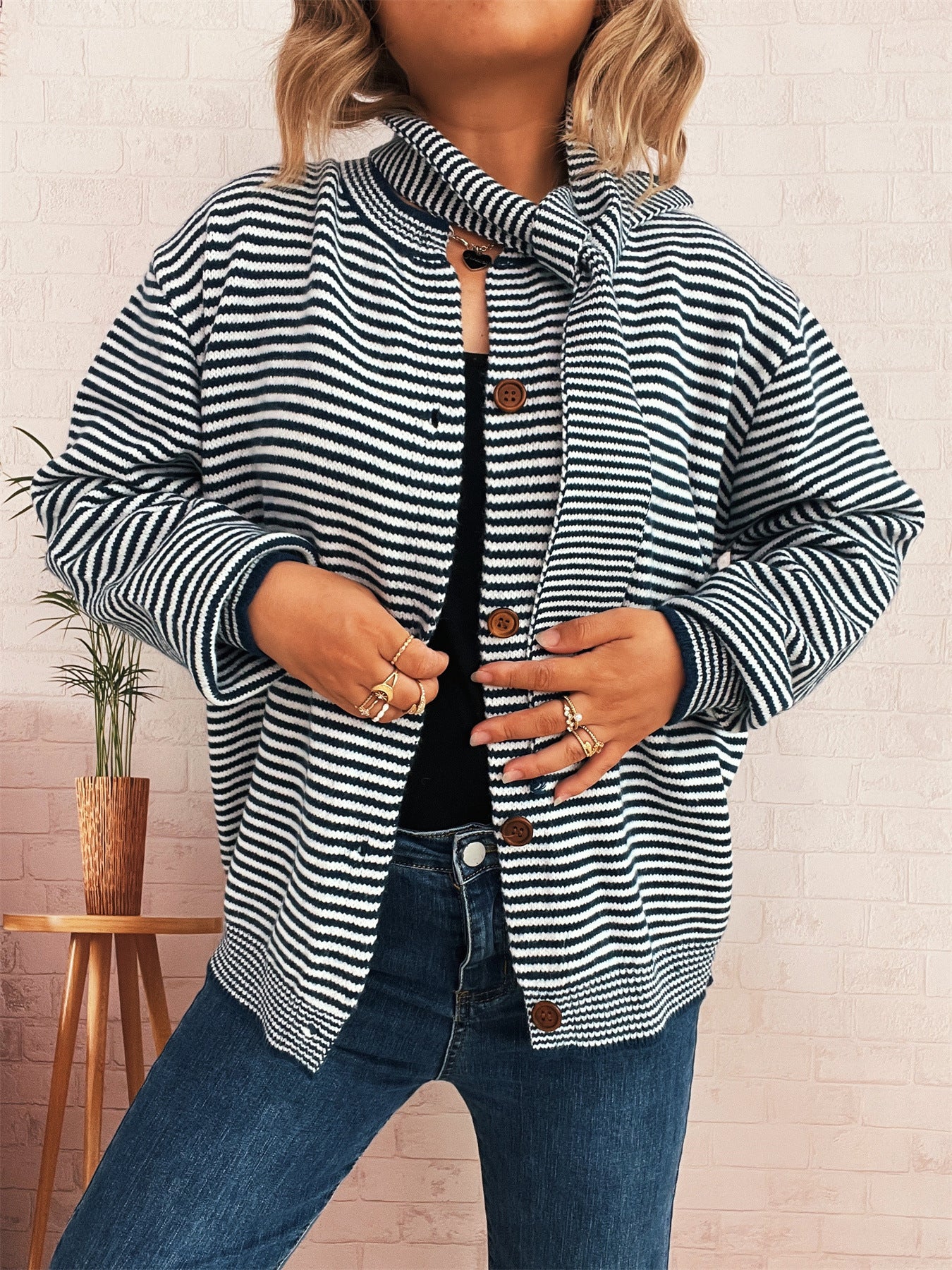 Elegant Stripe Knitted Cardigan Two Piece Sweater