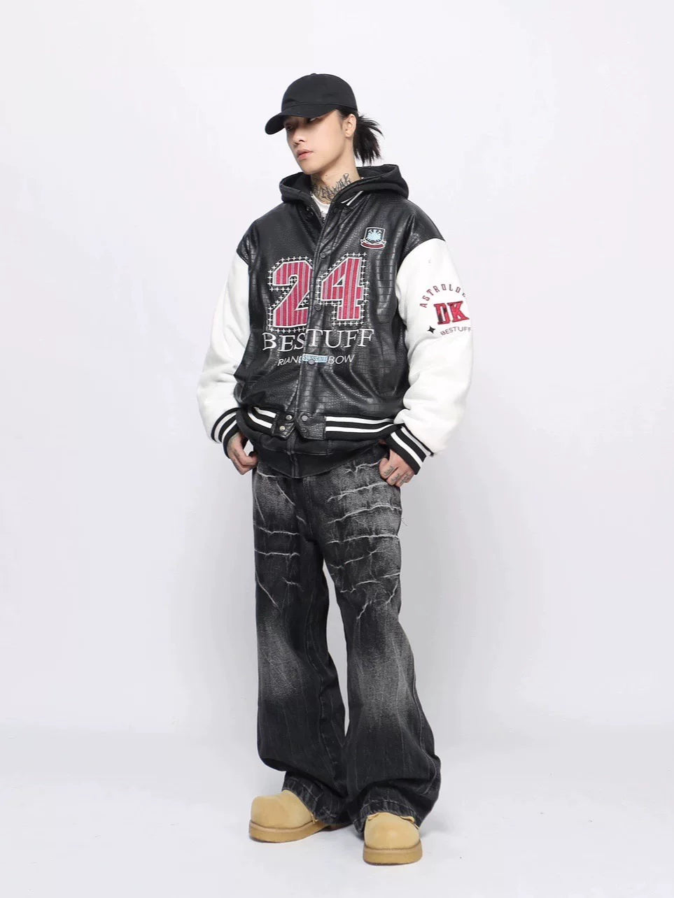 Crocodile Pattern PU Splicing Baseball Jacket