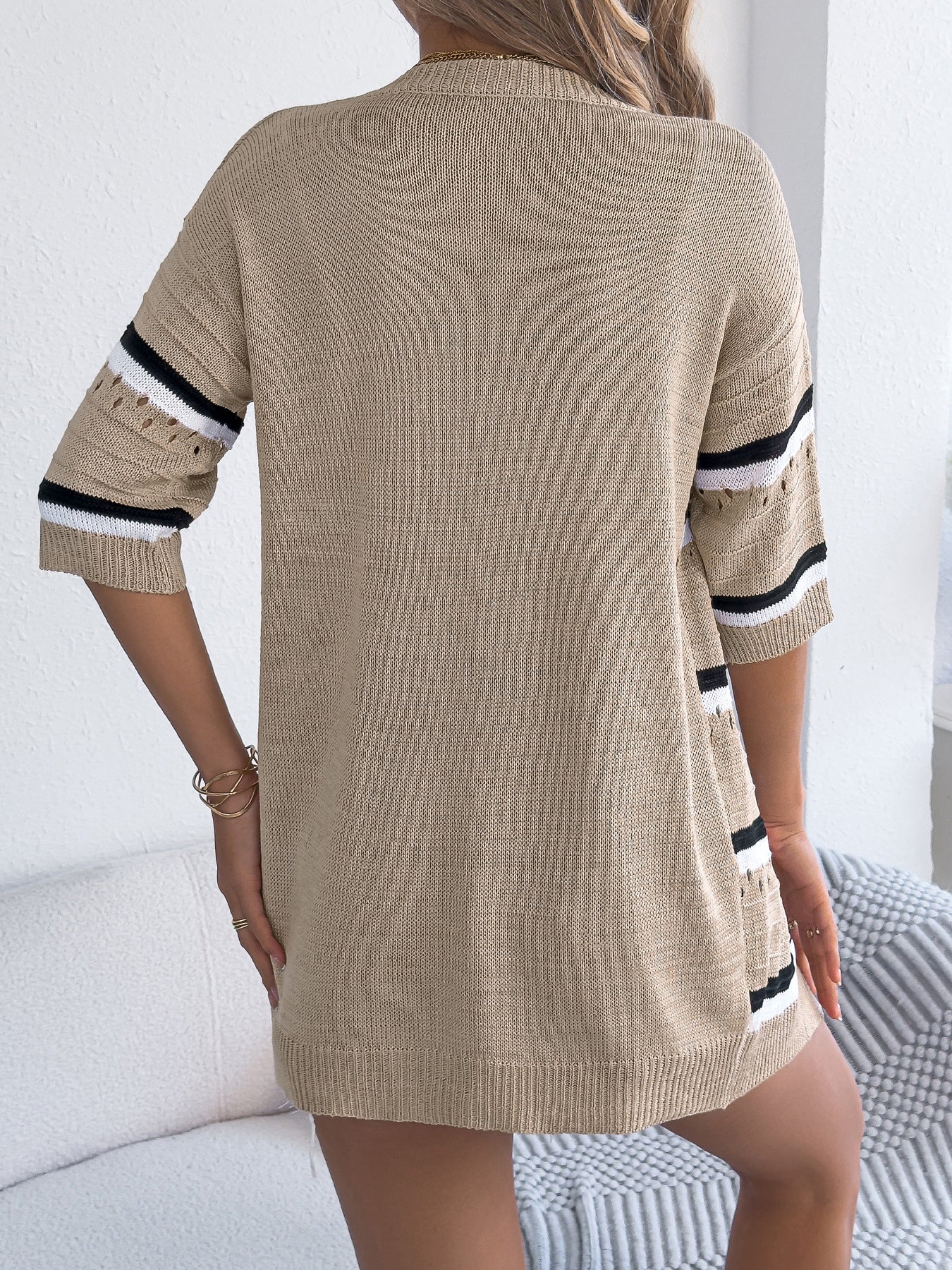 Casual Striped Hollow Out Cutout Half Sleeved Knitwear Cardigan