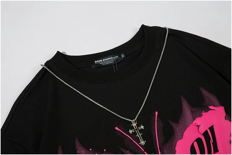 Hiphop Necklace with Butterfly Print Loose Short-sleeved T-shirt