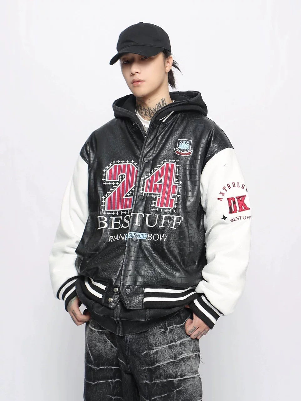 Crocodile Pattern PU Splicing Baseball Jacket