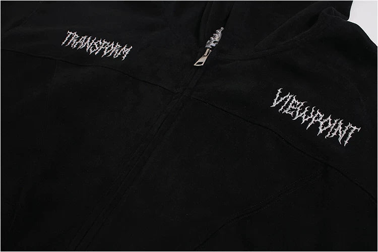 Hiphop Embroidered Letter Loose Cardigan Hooded Coat