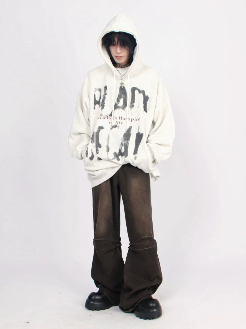 Alphabet Graffiti Print Fleece Hooded Coat