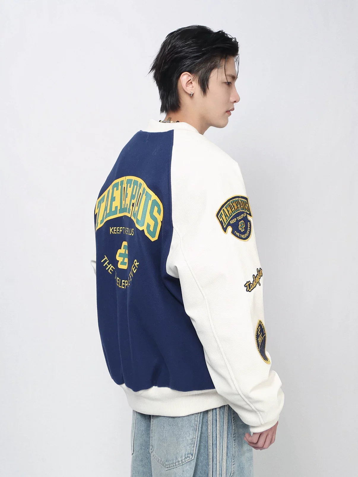 Vintage Embroidered Baseball Jersey PU Sleeve Jacket