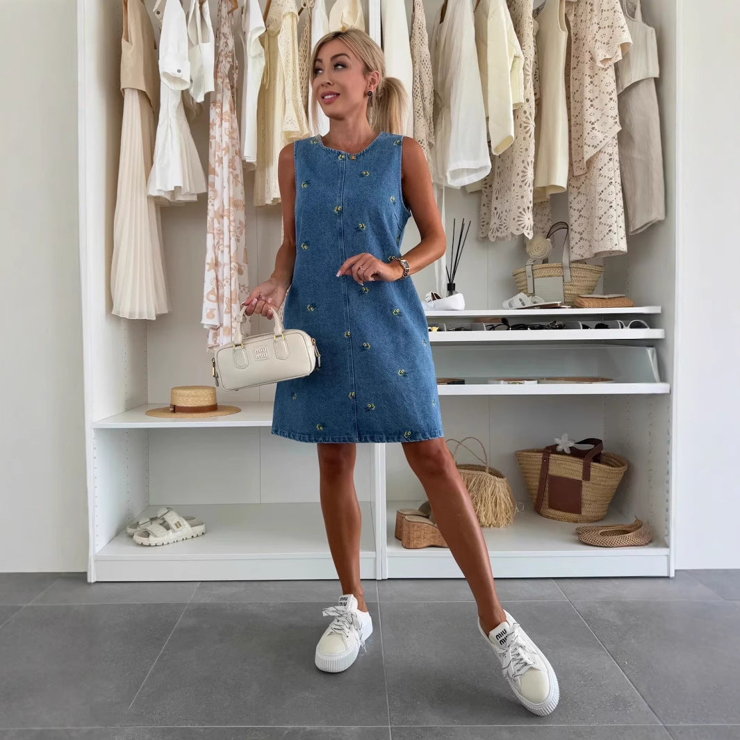 Casual Floral Loose Denim Sleeveless Dress