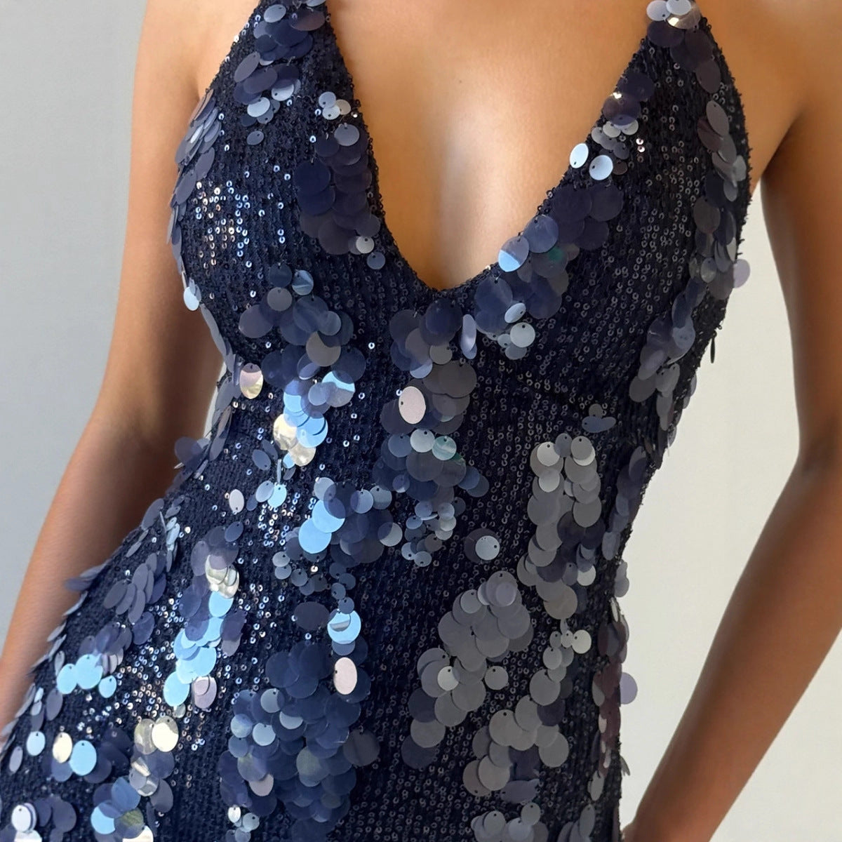 Deep V Plunge Halter Sequin Dress