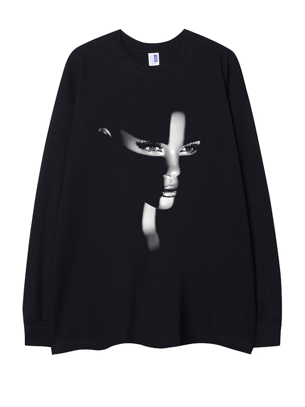 Face Print Cotton Long Sleeve Oversize Top