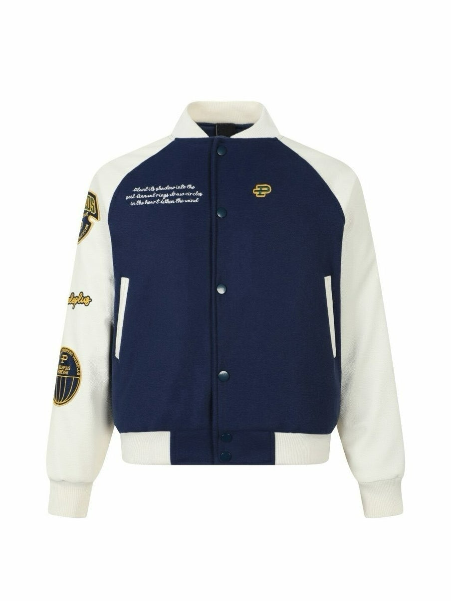 Vintage Embroidered Baseball Jersey PU Sleeve Jacket